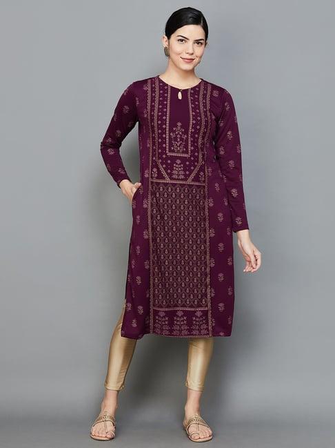 melange by lifestyle purple floral print straight kurta