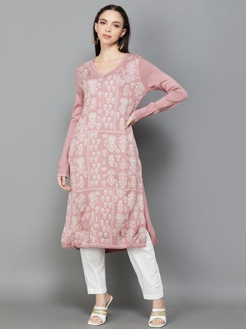 melange by lifestyle pink floral print straight kurta