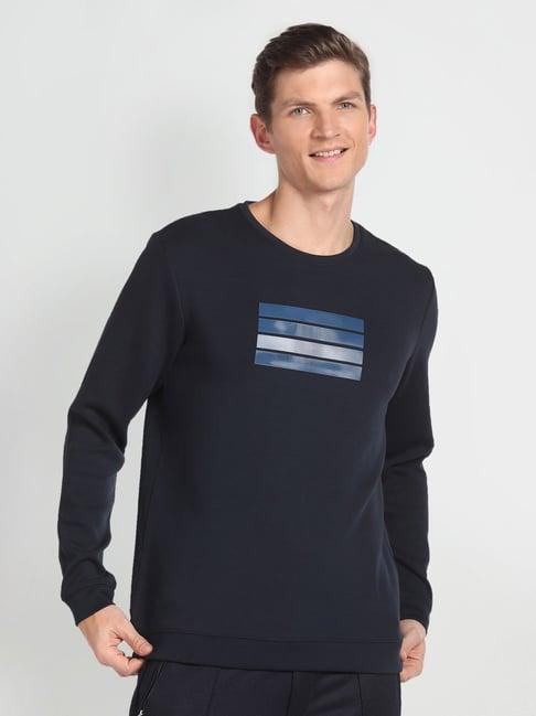 arrow newyork navy blue cotton regular fit printed sweatshirt