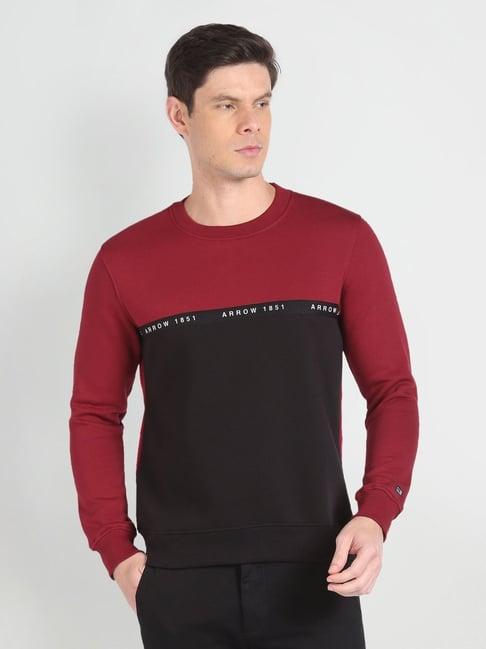 arrow sport red & black cotton regular fit colour block sweatshirt