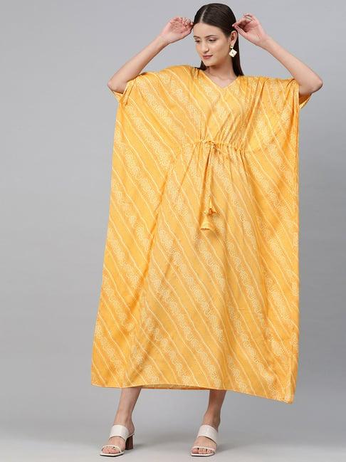 cottinfab yellow rayon & viscose printed kaftan dress