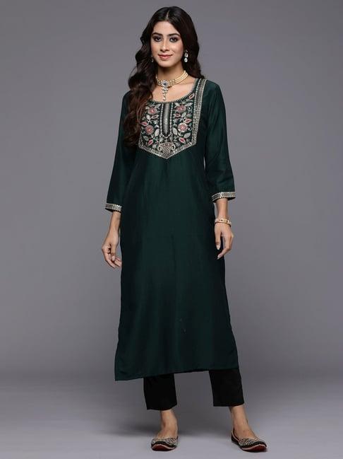 indo era green embroidered straight kurta