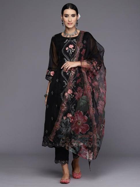 indo era black embroidered kurta pant set with dupatta