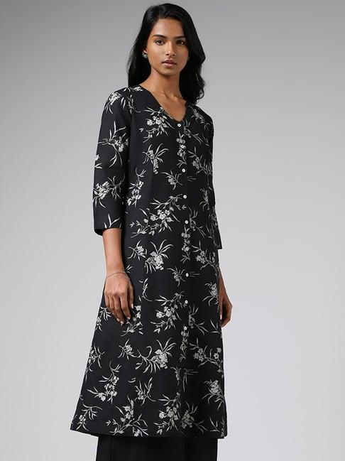 zuba by westside black floral printed buttoned down kurta