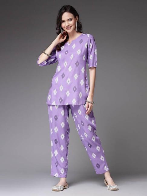 stylum purple rayon printed top & pant set