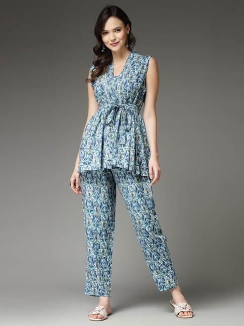 stylum blue rayon printed top & pant set