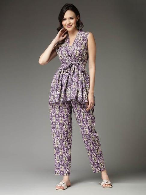 stylum purple rayon printed top & pant set