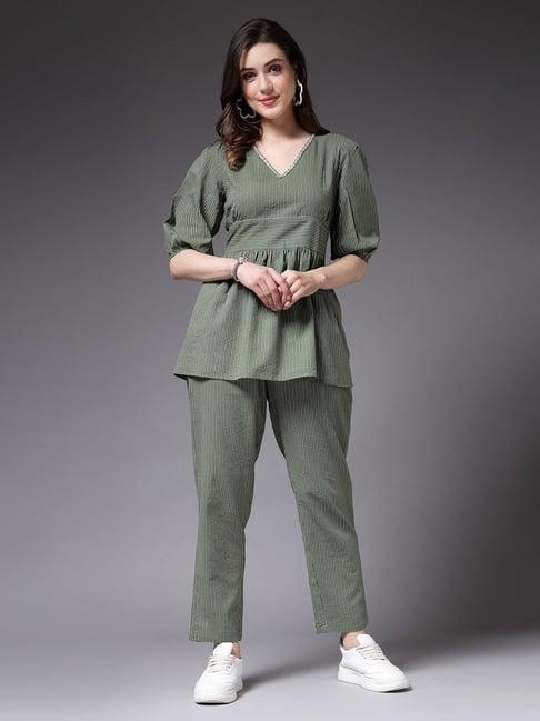 stylum olive cotton embroidered top & pant set