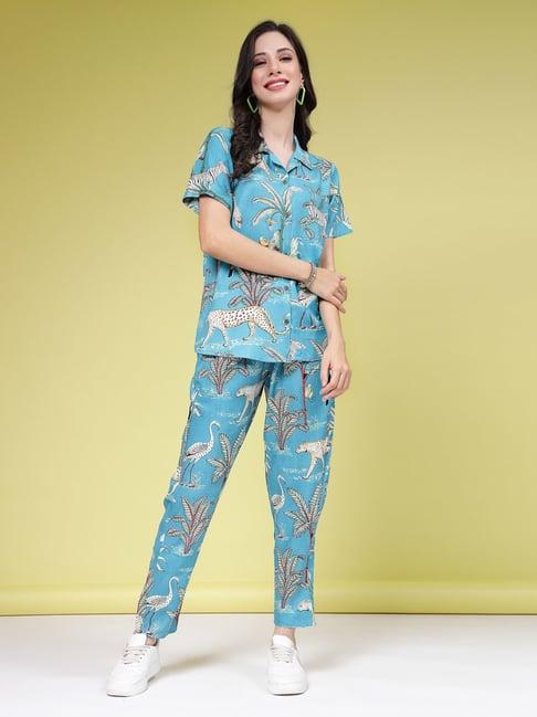 stylum teal rayon printed shirt & pant set