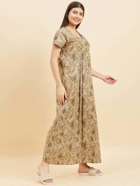 sweet dreams khaki cotton floral print night gown