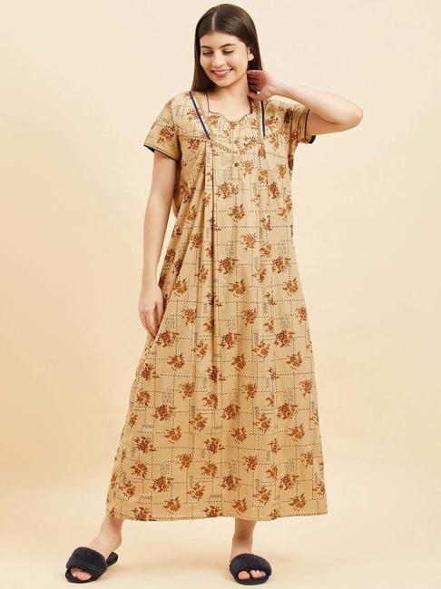 sweet dreams khaki cotton floral print night gown