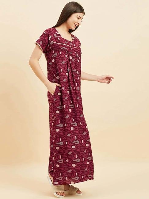 sweet dreams maroon cotton printed night gown