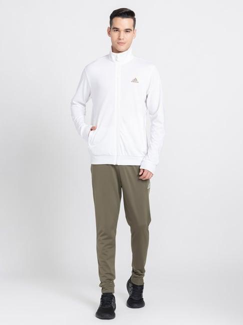 adidas white & olive regular fit linear training tracksuit