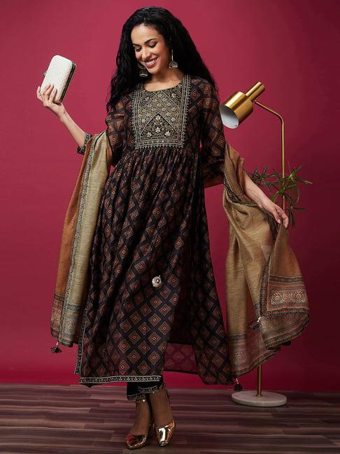 globus black embellished kurta with pants & dupatta