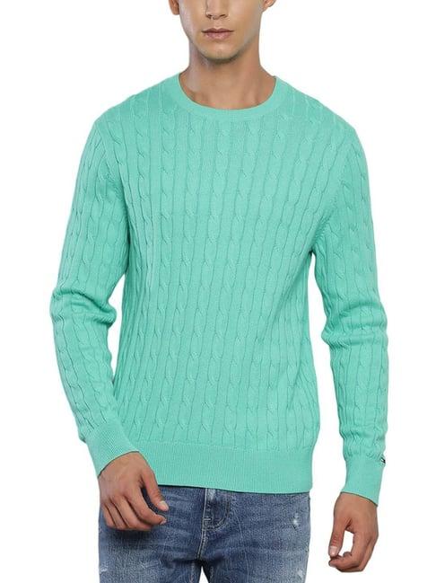 tommy hilfiger sea green cotton regular fit self pattern sweater