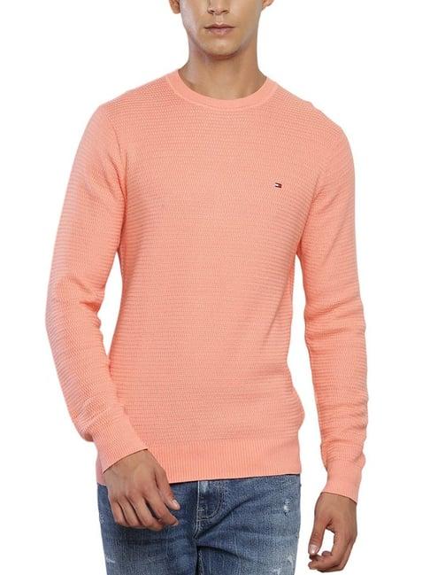 tommy hilfiger peach cotton regular fit self pattern sweater