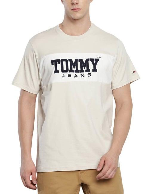 tommy hilfiger beige cotton slim fit embroidered t-shirt