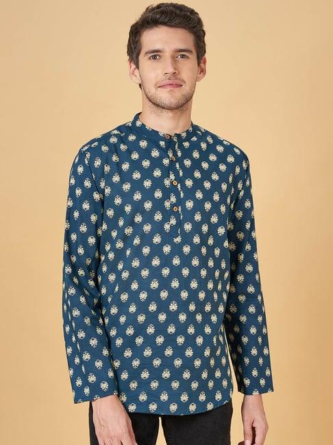 yu by pantaloons teal cotton regular fit printed short kurta