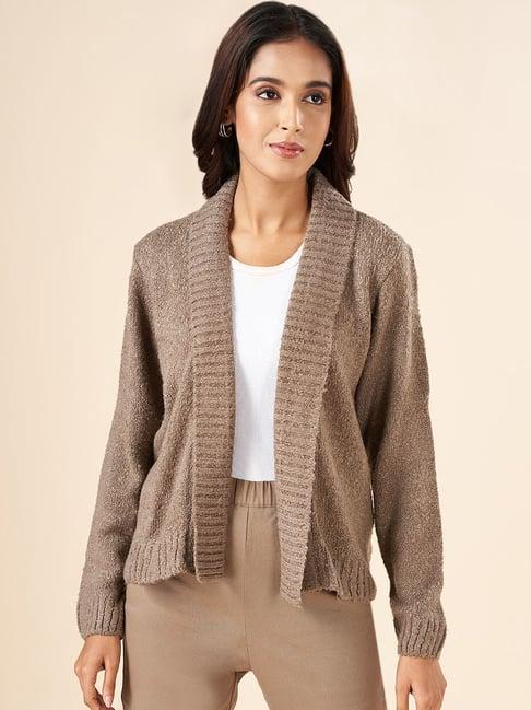 akkriti by pantaloons grey self pattern shrug