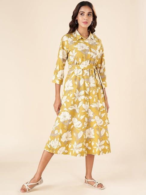 akkriti by pantaloons mustard cotton printed a-line dress