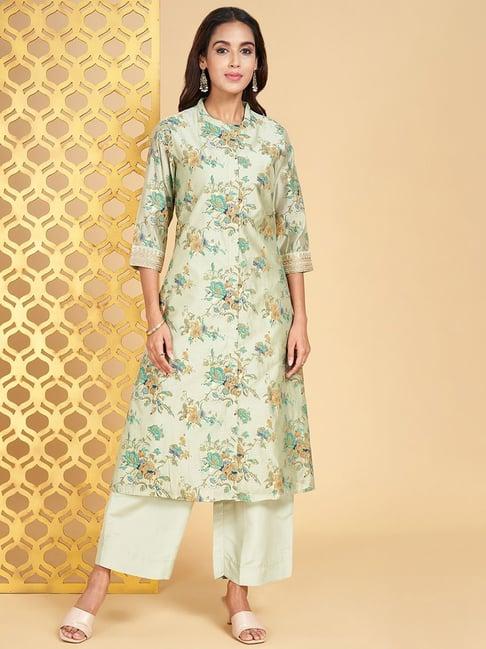 rangmanch by pantaloons green printed kurta palazzo set