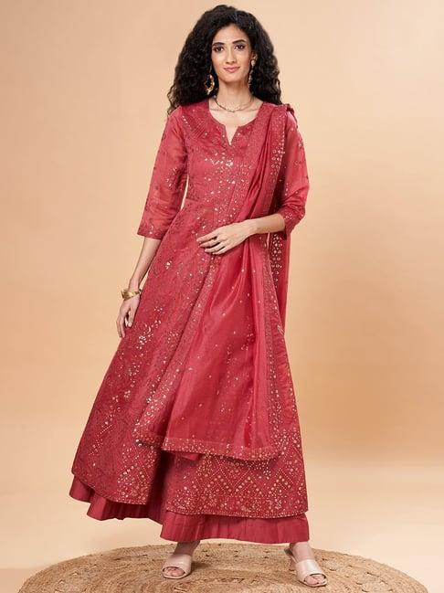 marigold lane rust embroidered kurta palazzo set with dupatta