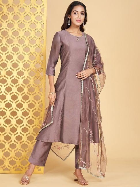 rangmanch by pantaloons purple regular fit kurta pant set with dupatta