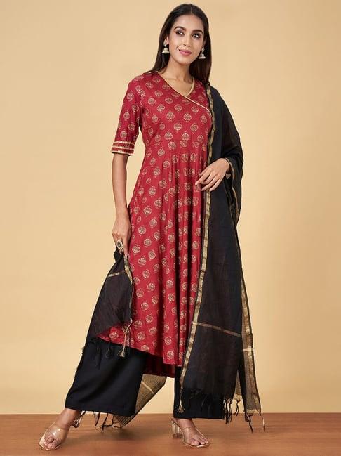 yu by pantaloons maroon & black printed kurta palazzo set with dupatta