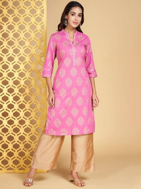 rangmanch by pantaloons pink cotton printed straight kurta