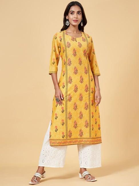 rangmanch by pantaloons yellow printed straight kurta