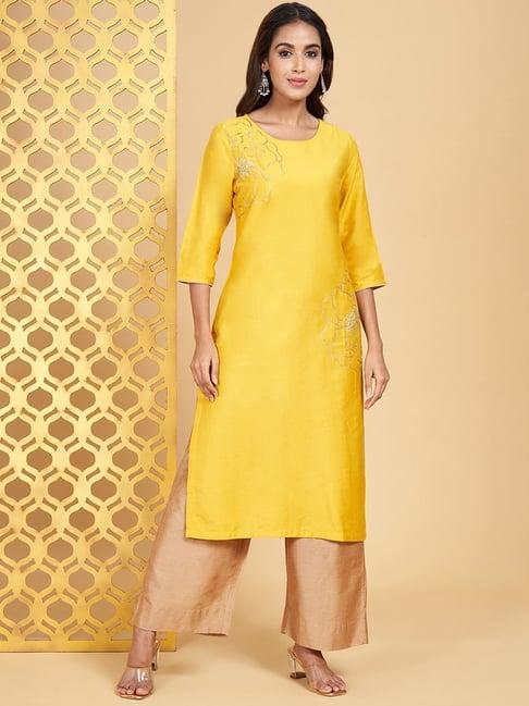 rangmanch by pantaloons yellow embellished straight kurta