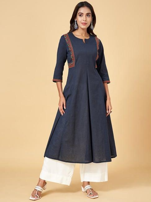 rangmanch by pantaloons navy cotton embroidered a line kurta