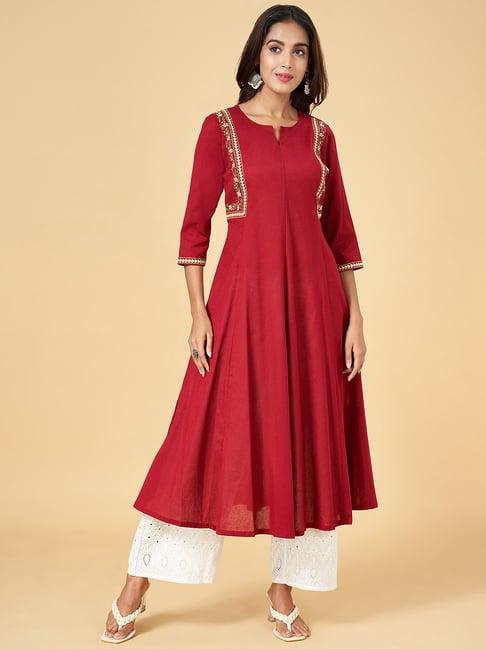 rangmanch by pantaloons maroon cotton embroidered a line kurta