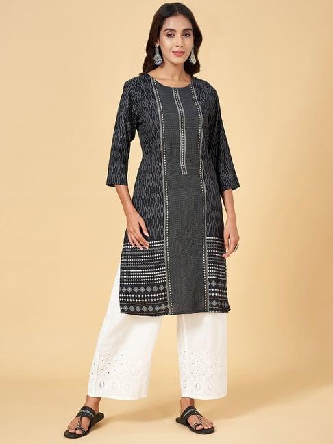 rangmanch by pantaloons black printed straight kurta