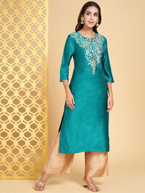 rangmanch by pantaloons blue embellished straight kurta