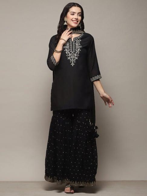 biba black embroidered kurti sharara set with dupatta