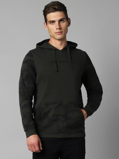 louis philippe jeans olive cotton regular fit printed hooded sweatshirt