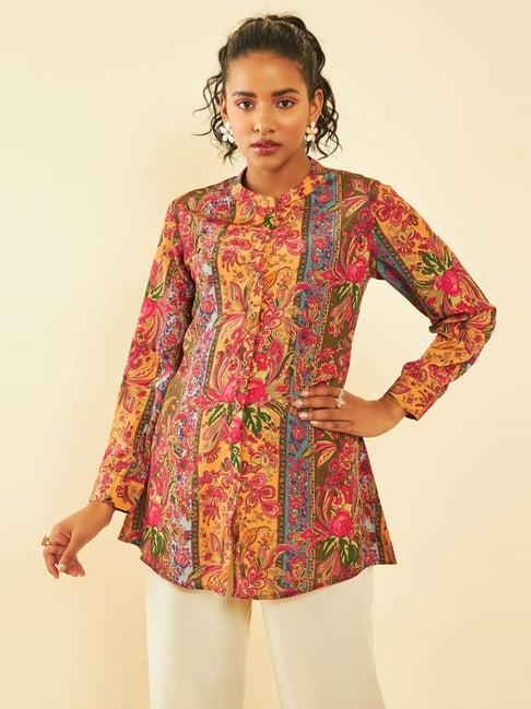 soch mustard poly muslin floral print full sleeves tunic