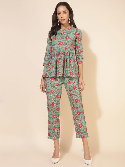 janasya blue cotton floral print top pant set