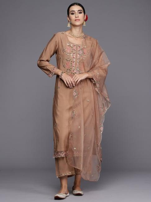 indo era brown embroidered kurta pant set with dupatta