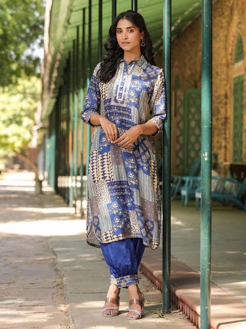 scakhi indigo blue printed kurta salwar set