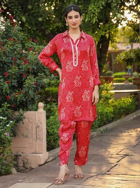 scakhi crimson red printed tunic pant set