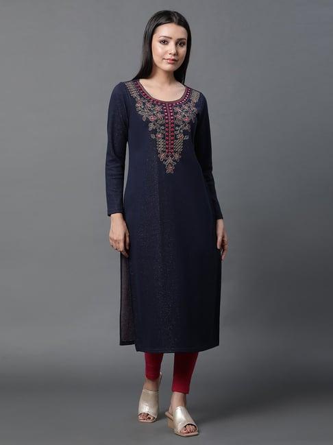 aurelia blue embroidered straight kurta