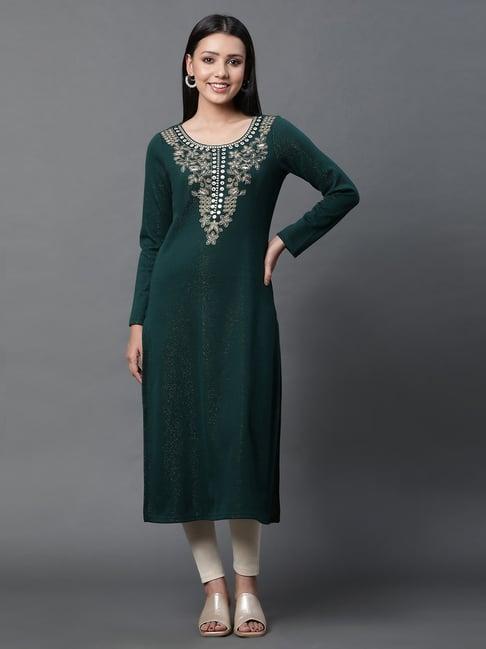 aurelia green embroidered straight kurta