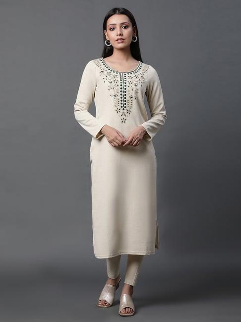 aurelia ecru embroidered straight kurta