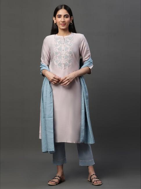 aurelia mauve pink embroidered kurta with pant & dupatta