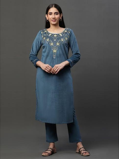 aurelia blue embroidered kurta pant set