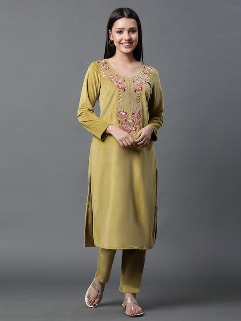 aurelia green embroidered kurta pant set