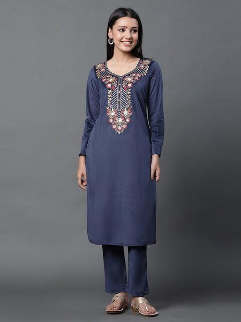 aurelia ocean blue embroidered kurta pant set