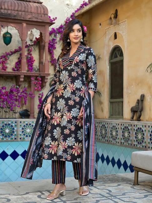 yufta black chanderi floral kurta with pant & dupatta